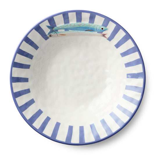 Something Fishy Ceramic SERVING BOWL 13 x 3 Inches, coastal striped bowl with colorful fish art, ideal for salads, pasta, seafood sides, summer hosting, beach homes, and vibrant nautical table