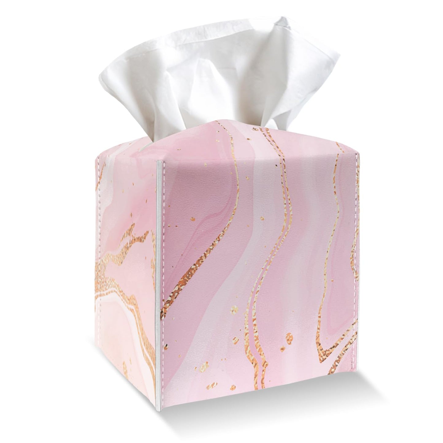 Tissue Box Cover Holder - Pink Gold Marble PU Leather Tissue Box Cover with Bottom Belt, Stylish Square Facial Paper Dispenser for Tabletop, Bathroom, Kitchen, Car & Office -036