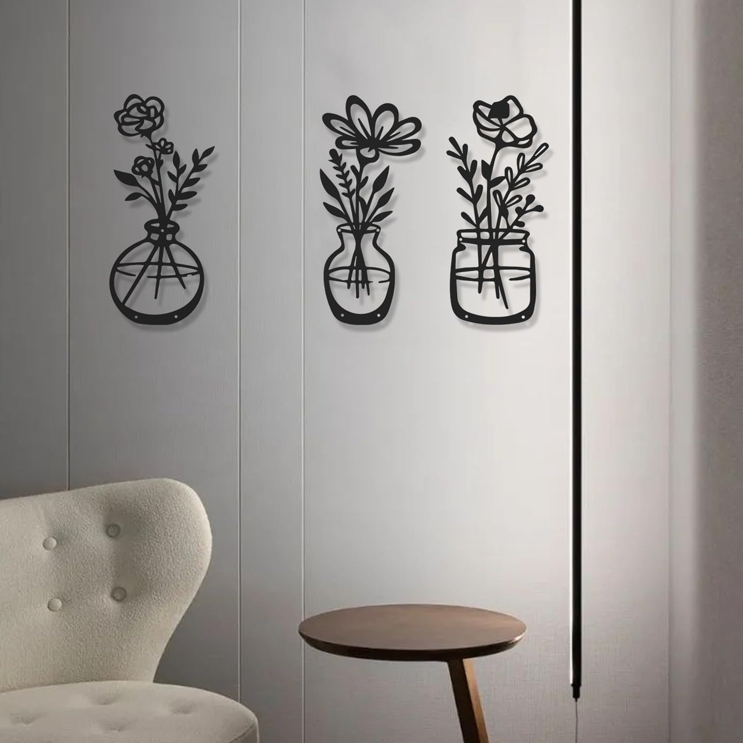 AMAATE 3Pcs Black Metal Flower Vase Wall Art Botanical Iron Farmhouse Decor