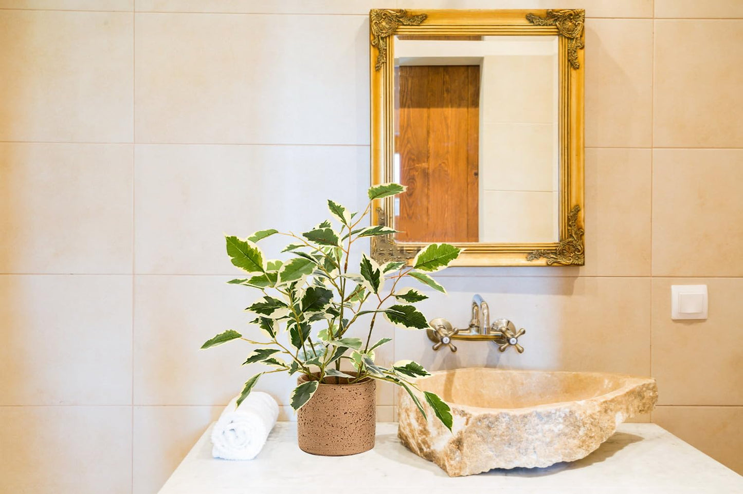 Ainuowei 12.8'' Fake Plants Ficus Plasitc Leaves Artificial Plants with Rustic Cement Planter Realistic Silk Faux Plants Perfect for Home Shelf Bathroom Kitchen Office Indoor Outdoor Decor