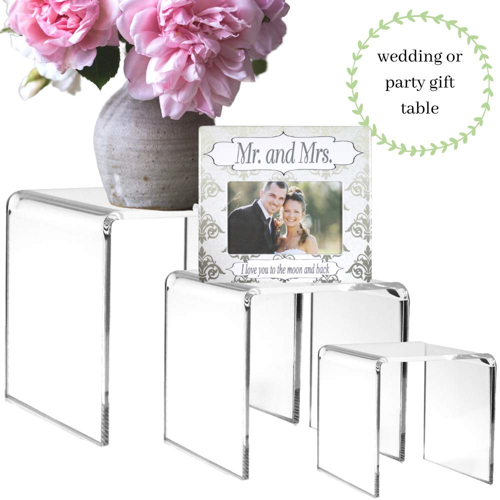 Clear Acrylic Display Risers Set of 3, Assorted 4 5 6 Inch Retail Pedestals, Transparent Tabletop Stands for Jewelry, Figurines, Crafts, Collectibles, Store Fixtures, Dessert Table and Product Displays