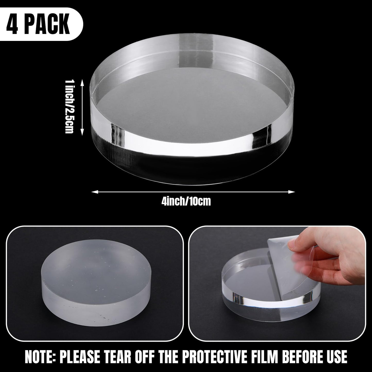 Barydat 4 Pack Acrylic Round Display Blocks Clear Polished Acrylic Jewelry Display Stand Holder Trophy Ring Showcase Base for Table Showing(4" X 4" X 1")