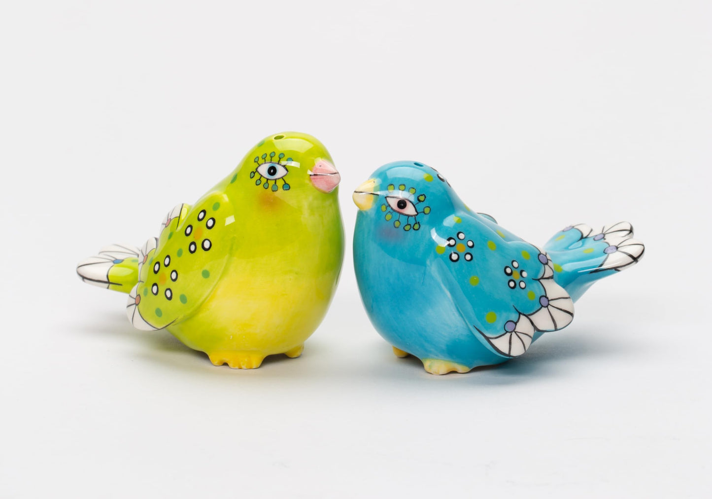 Fine Ceramic Flight of Fancy Hand Painted Blue and Green Love Birds Salt & Pepper Shakers Set, 3-3/8" L