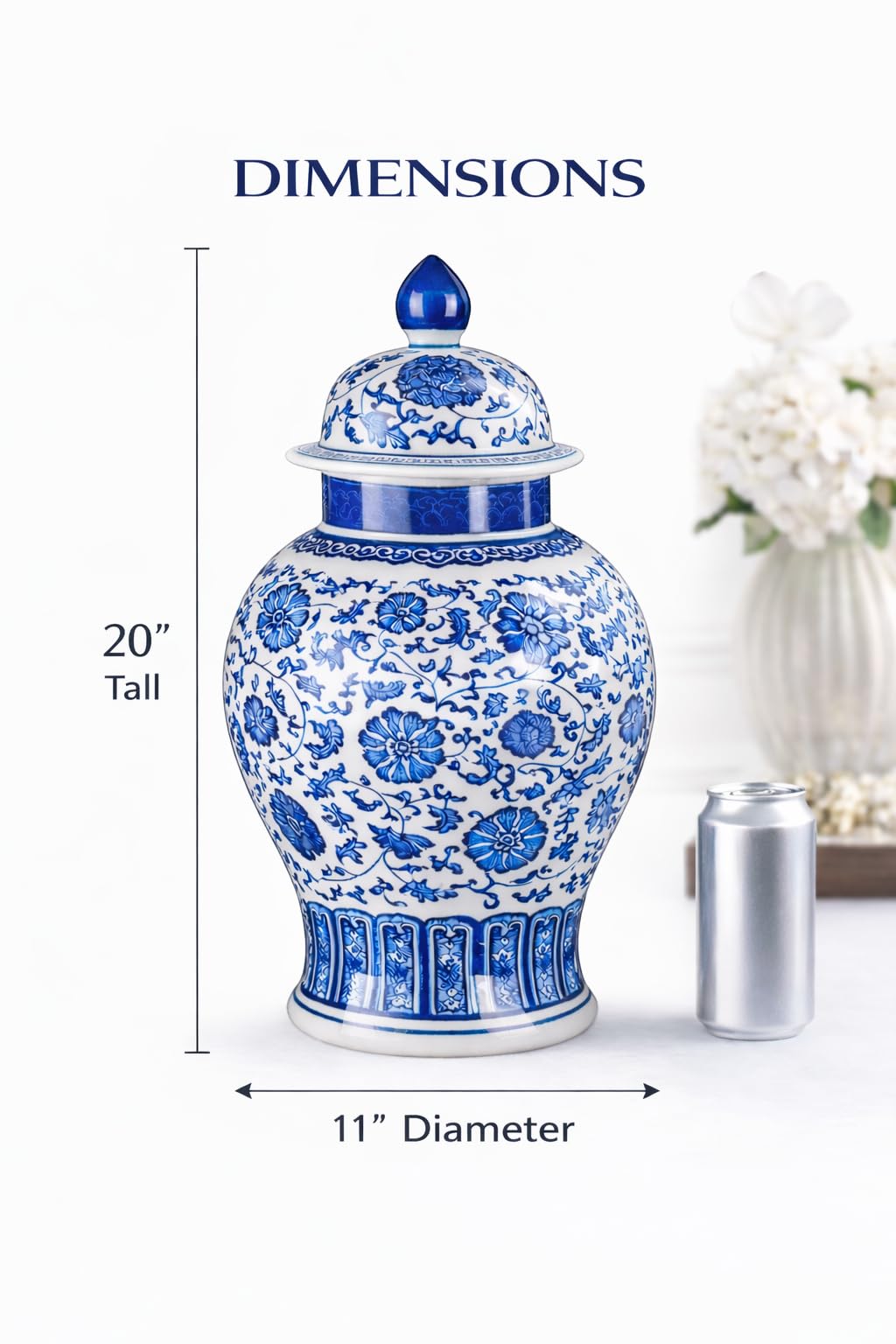 20" Classic Blue and White Porcelain Ceramic Floral Temple Ginger Jar Vase, Large China Ming Style, Jingdezhen
