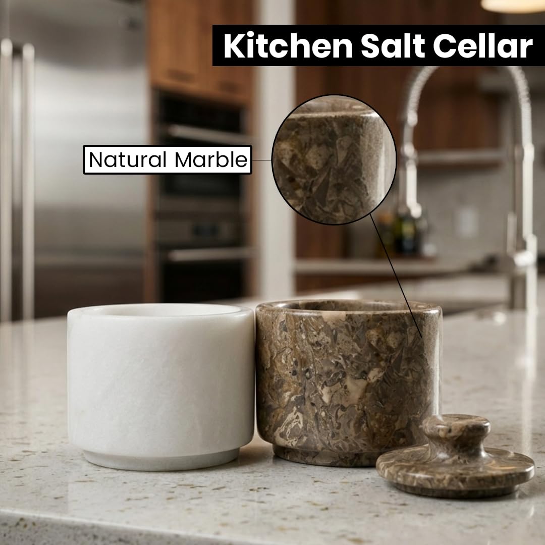 Marble Salt Cellar with Lid - Stone Salt Container for Countertop, Salt Box Keeper for Kitchen Counter, 3.5 oz OceanicX Marble Cellar (White Oceanic)