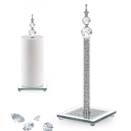 Crystal Paper Towel Holder, Bling Silver Paper Towel Roll Holder, Decor Standing Paper Towel Holder with Weighted Base, Paper Towel Dispenser for Kitchen Countertops Bathroom, Anti Slip(Square/Silver)