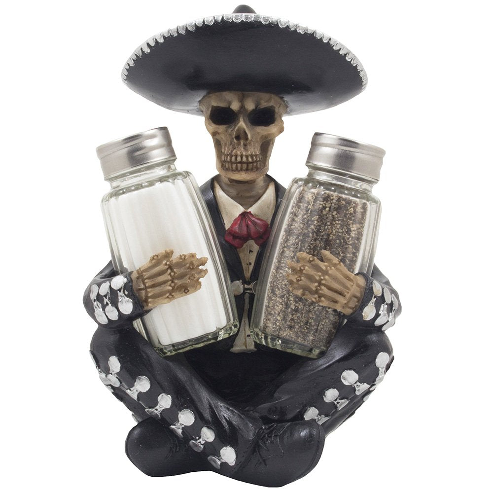 Dia de Los Muertos Mariachi Skeleton Salt and Pepper Shaker Set with Decorative Figurine Holder for Day of the Dead Mexican Festival Decor or Halloween Party Kitchen Table Decorations As Gothic Gifts