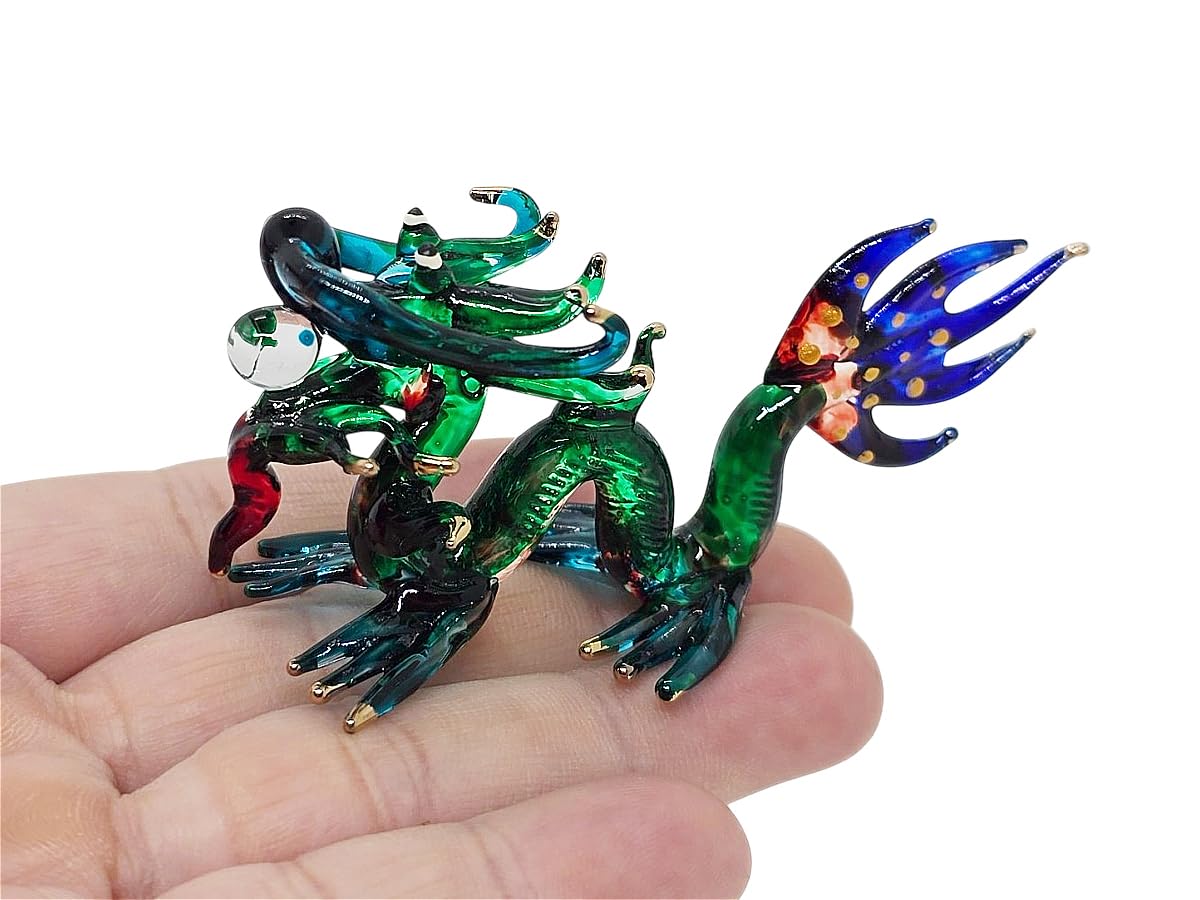 WitnyStore 3" Green Blue Chinese Asian Dragon Artistic Blown Glass Figurine Hand-Blown Statue Tabletop Decoration Unique Collectible for Adult Collectors Handcrafted Elegant Home Room Decor