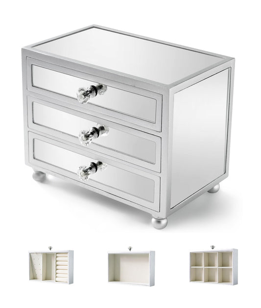 Gifturbo 3 Layer Mirrored Glass Jewelry Box, Large Capacity Women's Storage Box with Velvet Interior and Crystal Handle