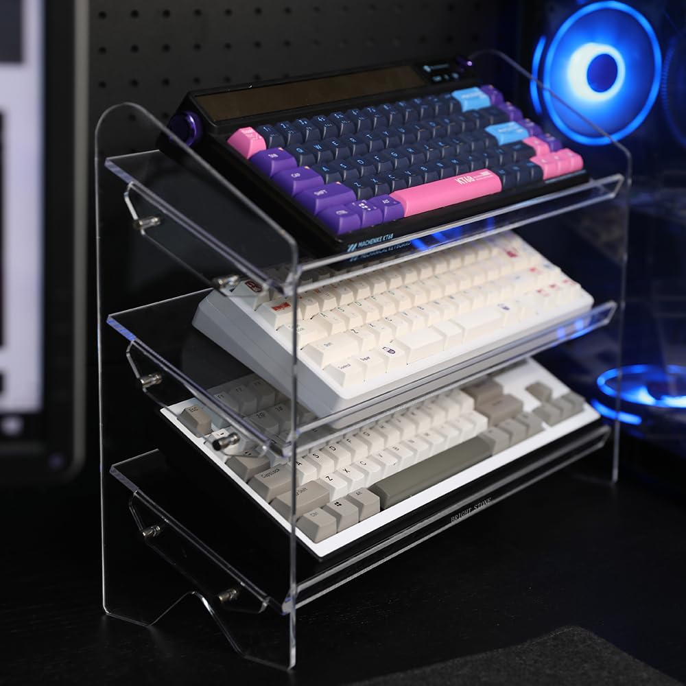 Bright Stone Acrylic Keyboard Display Stand,Mechanical Keyboard Storage Rack,Multilayer Acrylic Organizer,Desktop Shelf Holder for Customized Keyboard (3 Tiers,long)