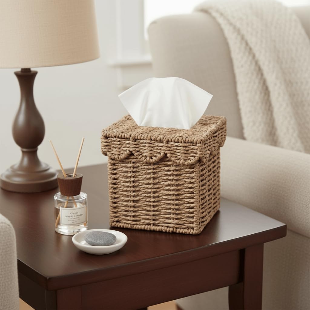 CubesLand Tissue Box Cover, Square Wicker Tissue Box Holder Facial Tissues Boxes w/Scalloped Lid for Bathroom Decor, Living Room Table Decor, Rustic Farmhouse Boho Home Decor, Handwoven, Neutral