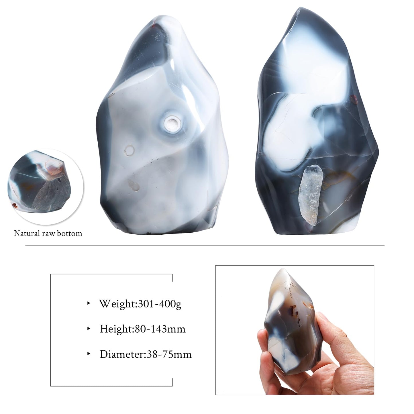 SUNYIK Natural Orca Agate Flame Shaped Tower, Reiki Healing Crystal Obelisk Torch Collectible Rock for Positive Energy Home Office Decoration, 300-400g