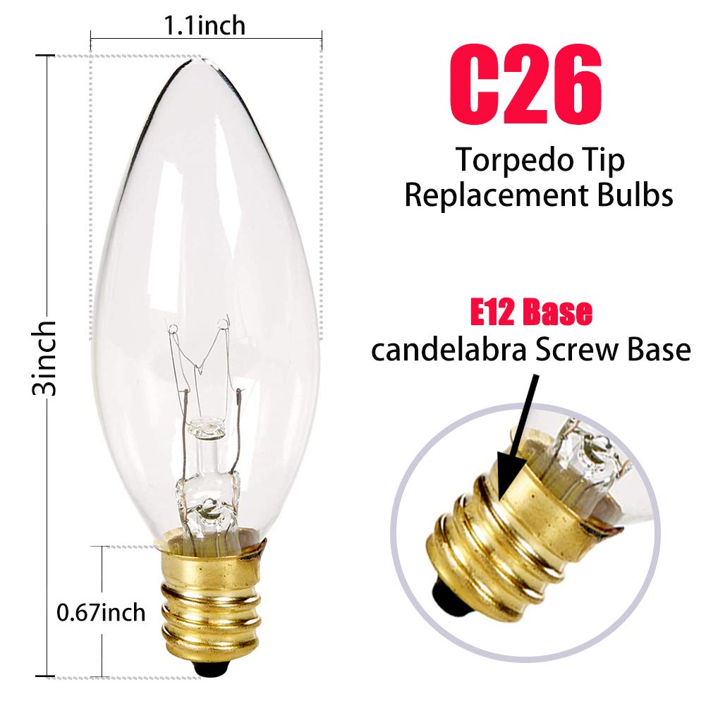 Romasaty 25PK Crystal Clear Torpedo Tip E12 Candelabra Light Bulbs, Transparent Candle Light Bulbs for Chandeliers, Electric Window Candle Lamps, Ceiling Fan Lights, Pendants, Fireplace - 7W - 120 V