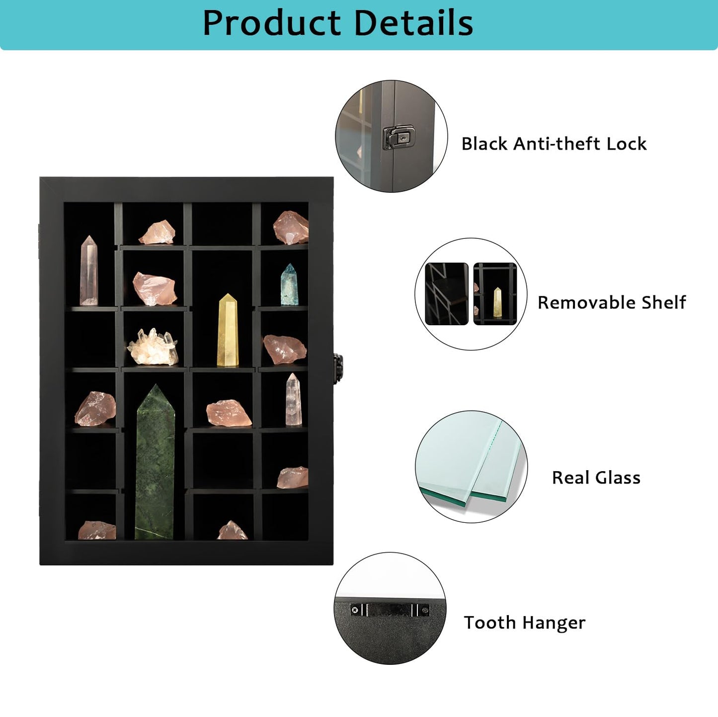 KCRasan Adjustable Rock Display Case - Wooden Crystal Organizer for Stones Storage - Rock Collection Box with Shelves for Agate Opal Crystal Stone Arrowheads Spear Points Rocks Small Black