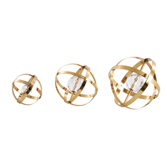 Deco 79 Metal Geometric Decorative Sculpture Orb Home Decor Statues with Acrylic Center, Set of 3 Accent Figurines 8", 6", 4"D, Gold