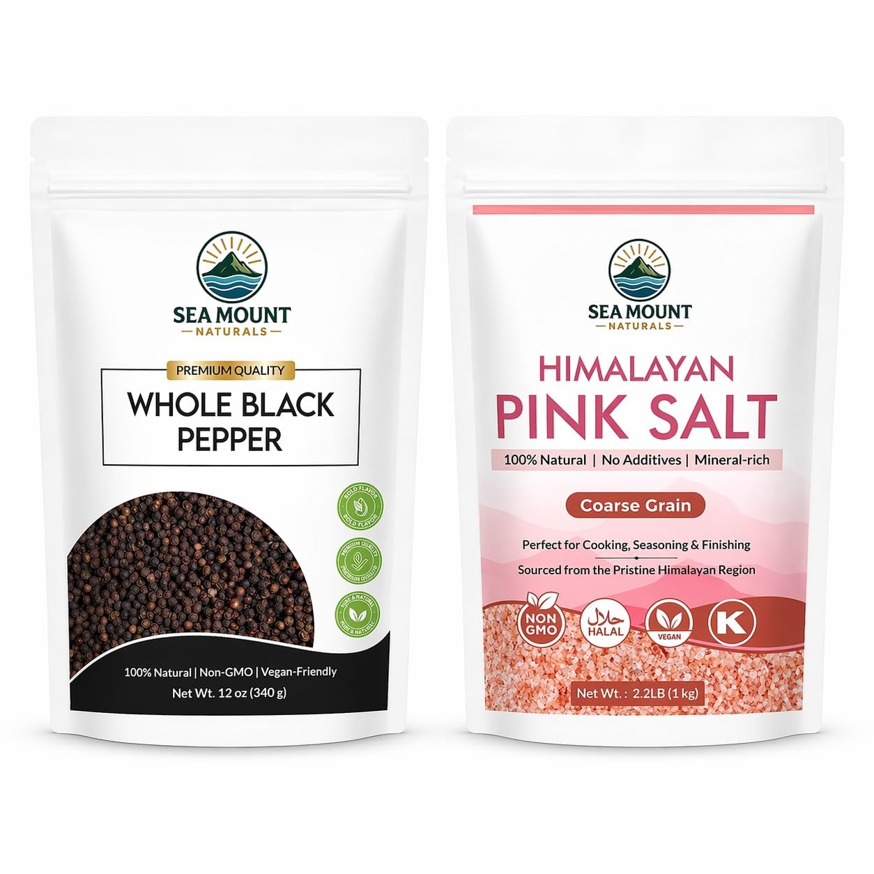 Sea Mount Naturals Whole Black Tellicherry Peppercorns 12 oz & Himalayan Pink Salt (Coarse Grain) 2.2 lb | Pink Salt & Pepper Grinder Refill Combo I 2 Piece Set