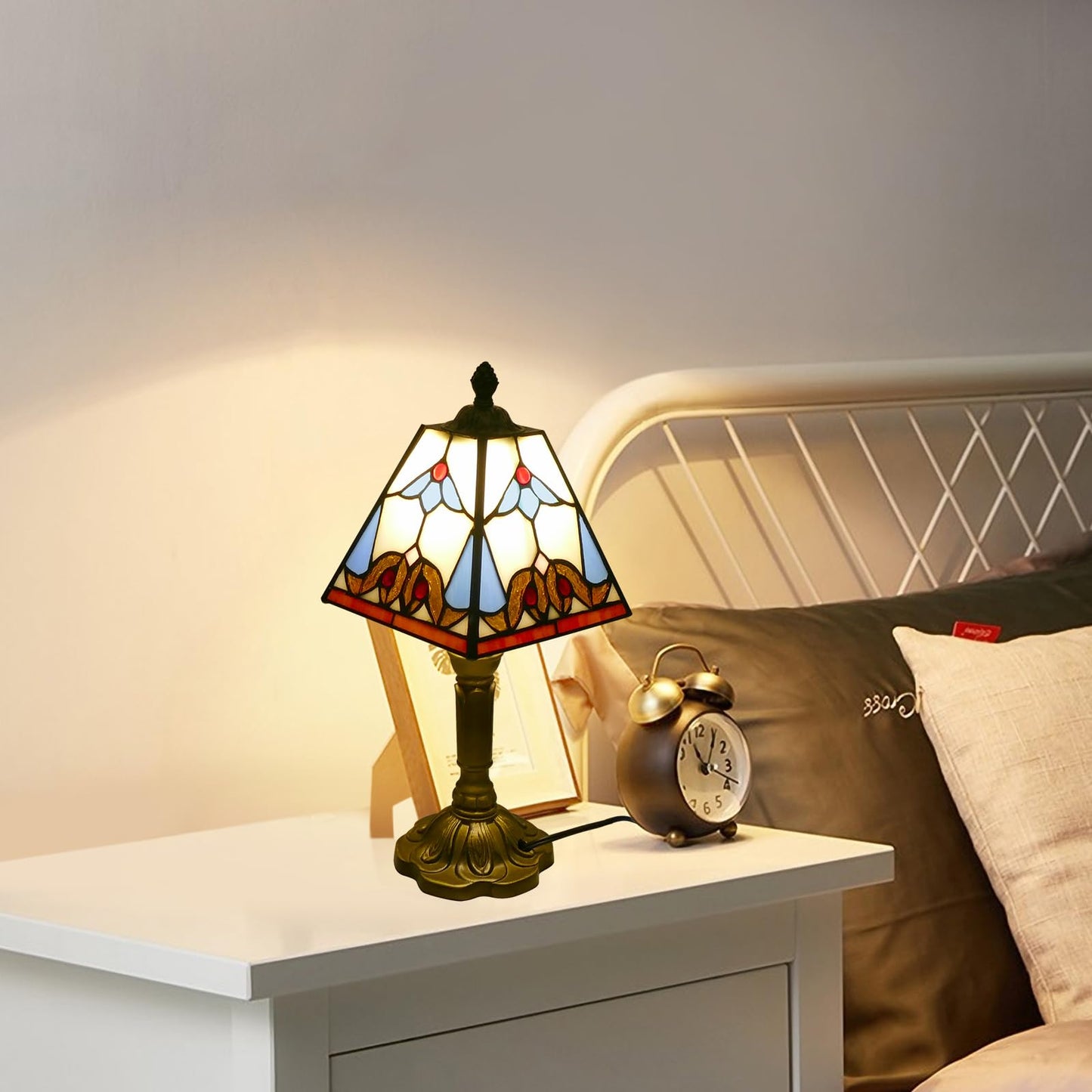 VirtueKing Tiffany Lamp 6" Wide Small Square Baroque Style Stained Glass Table Lamp Desk Reading Light, Bedside Table Lamp Decor for Small Space Bedroom Home Office
