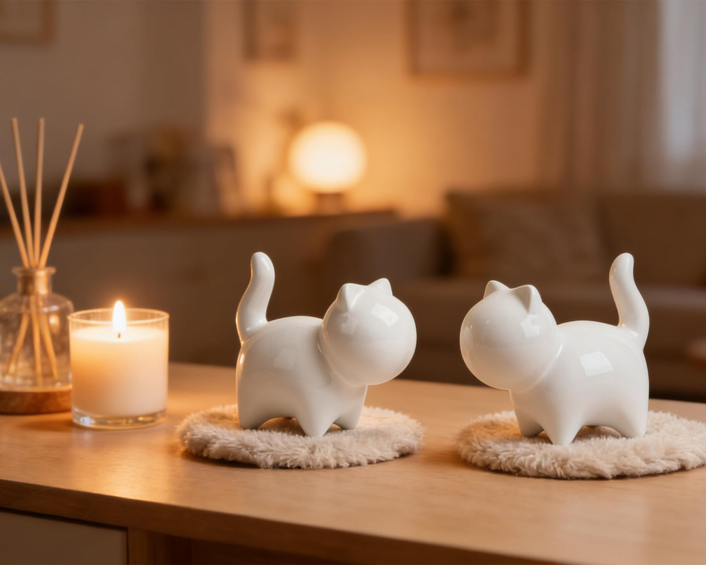 HORTIX 2-Pack Small Ceramic Cat Statues, 3 Inch Cute Kitty Knick Knacks for Home Office Shelf Desk Coffee Table Decoration, Housewarming Gift, White