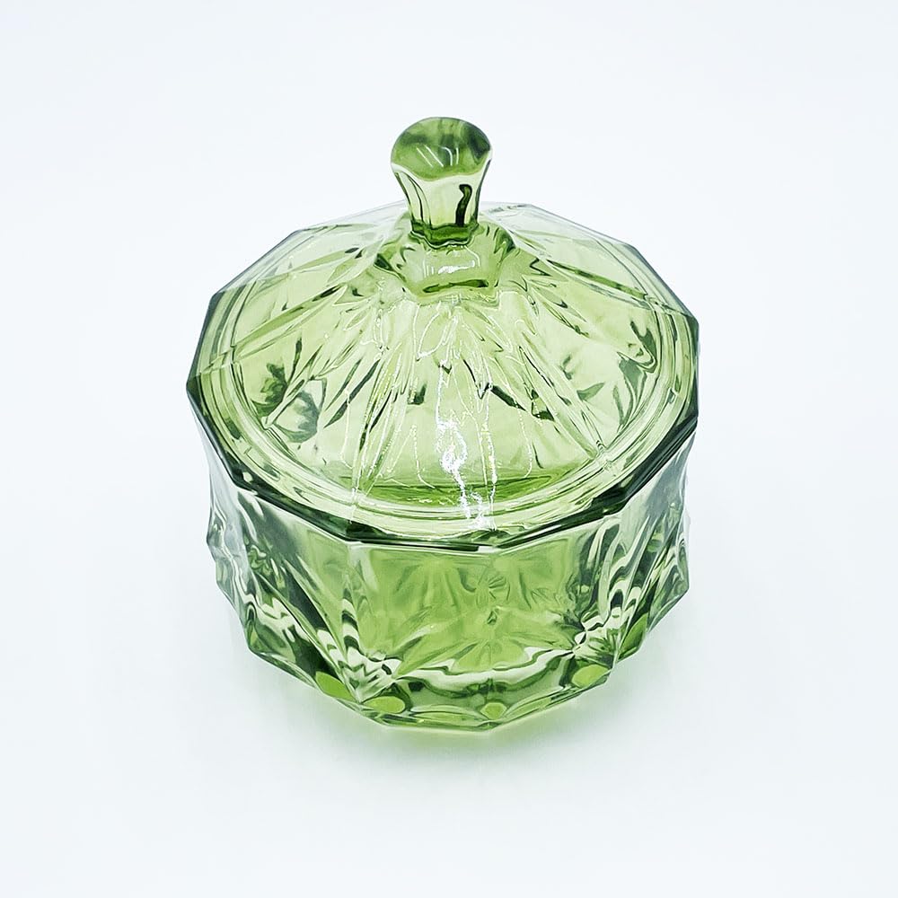 EWEIGEER 8oz Glass Candy Dish with Lid,Small Crystal Chrismas Candy Jar,Cotton Round Holder,Office,Bathroom,Dining Room Organizer(Olive Green)