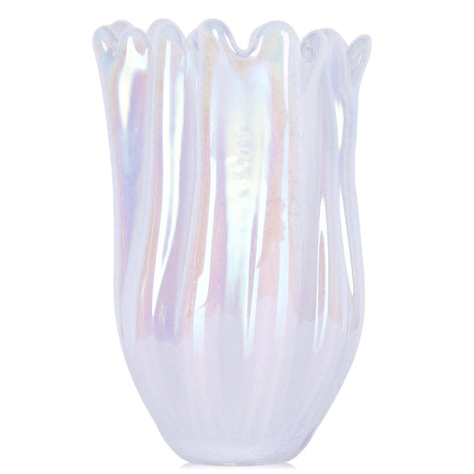 Hand Blown Glass Vase,Iridescent Flower Shaped Centerpiece,Modern Home Decor Accent,Wide Mouth Colorful Flower Vase Centerpieces, for Living Room Table Bookshelf Decorative (White, Small)
