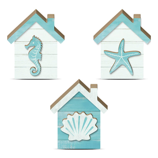 Putuo Decor Coastal Tabletop Decor Set of 3, Beach House Nautical Figurines with Seahorse Shell Starfish, Ocean Farmhouse Shelf Sitter for Bathroom, Living Room, Mantel, Tiered Tray