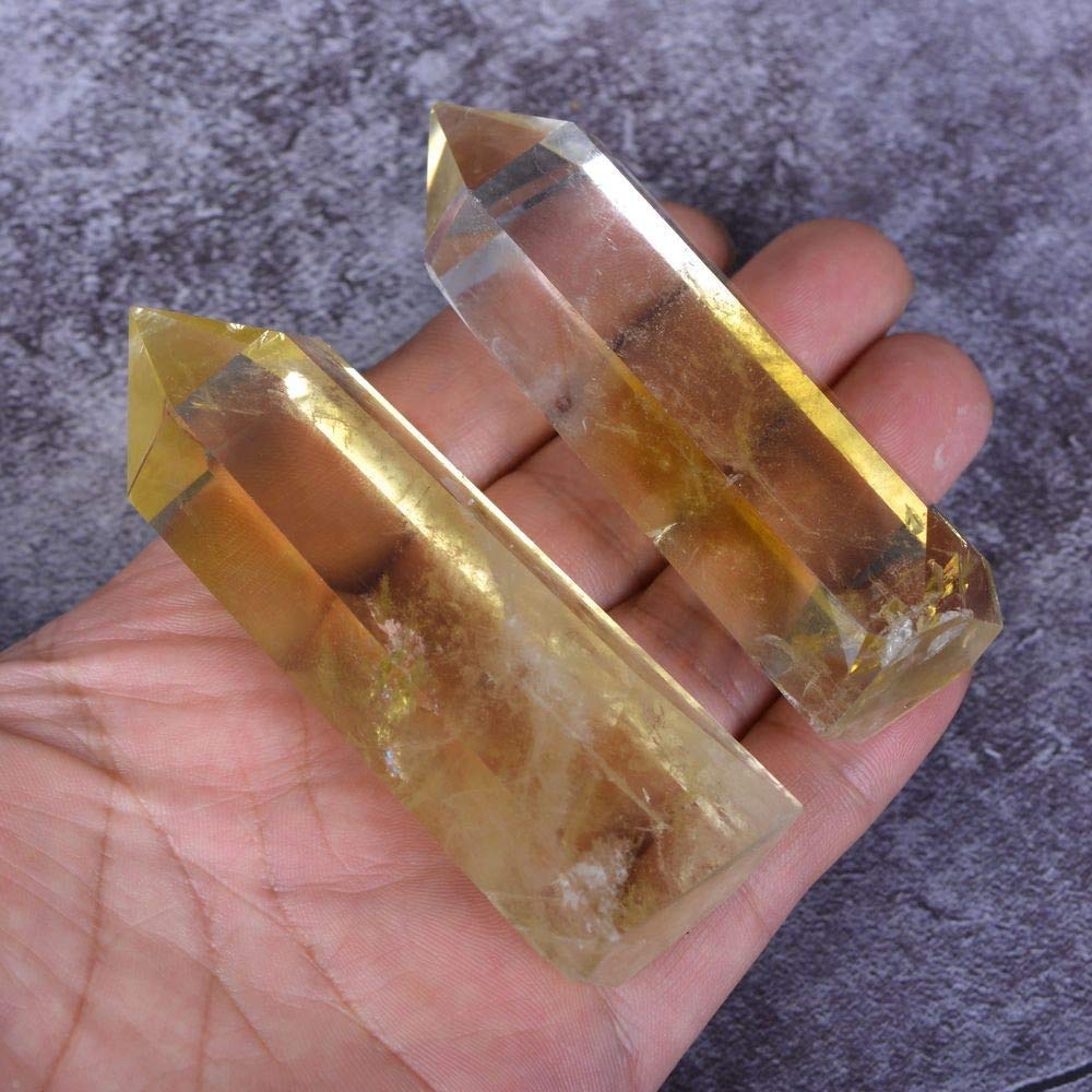 Angelstones Natural Citrine Gemstone Healing Crystal Hexagonal Pointed Reiki Chakra Faceted Prism Wand Carved Stone Figurine Home Decor