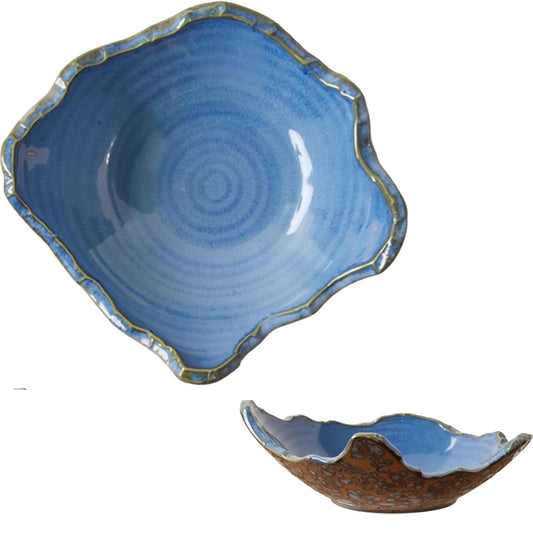 TANMESSO Small Ceramic Decorative Bowl with Irregular Rim Reactive Glaze Candy Dish Japanese Style Table Decor (Blue)