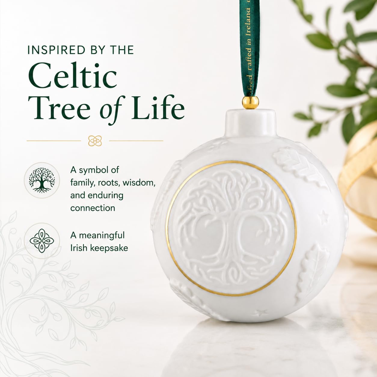 Belleek Classic Tree of Life Bauble Hanging Ornament, 3.1-Inch Handpainted Porcelain Celtic Irish Christmas Decoration