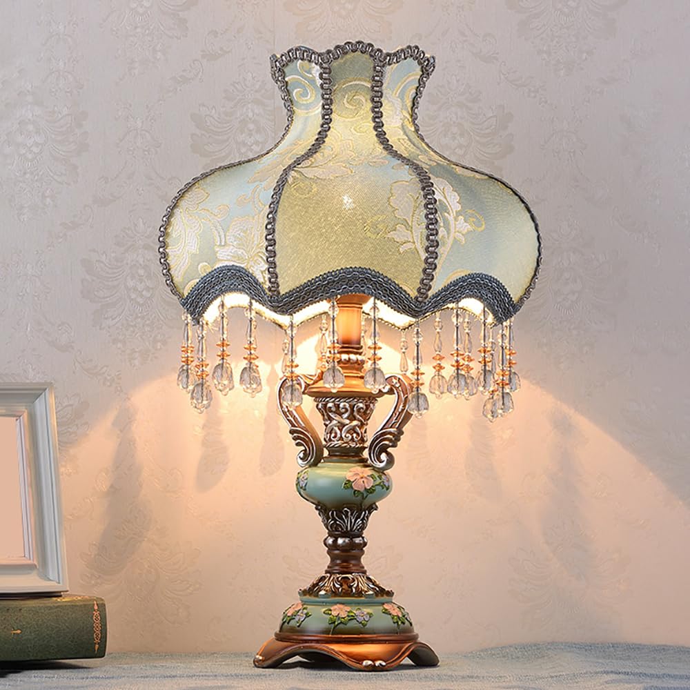 Aeyee Lovely Table Lamp with Fabric Lampshade, Antique Flower Decorative Bedside Desk Lamp, Crystal Night Light for Bedroom Nightstand, Blue Finish