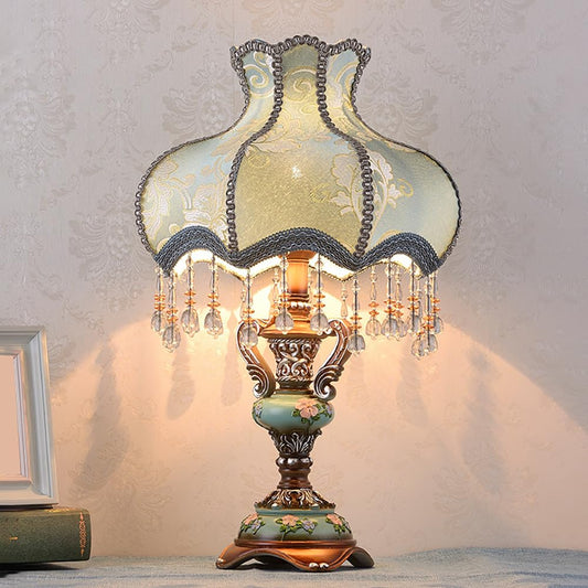 Aeyee Lovely Table Lamp with Fabric Lampshade, Antique Flower Decorative Bedside Desk Lamp, Crystal Night Light for Bedroom Nightstand, Blue Finish