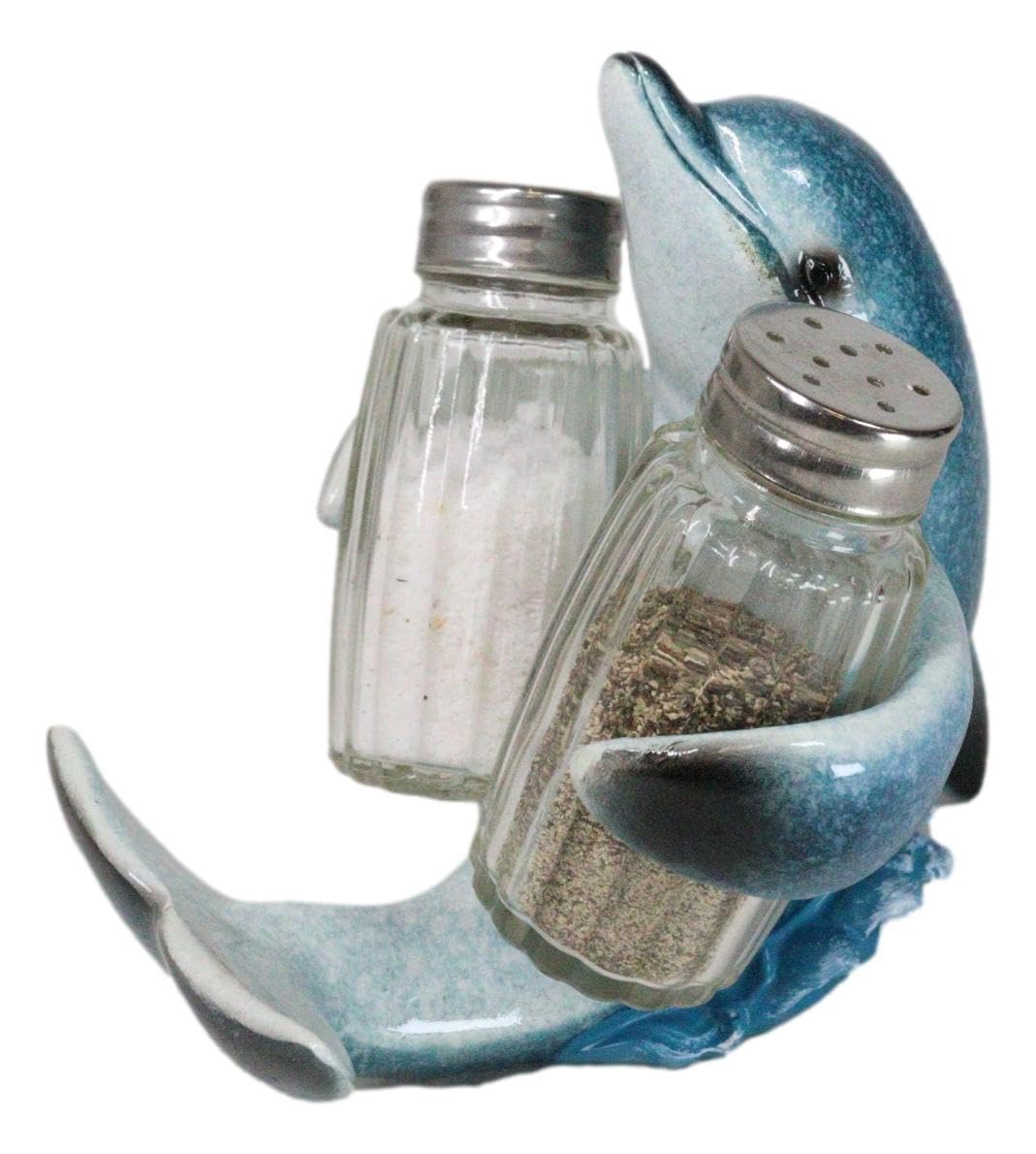 Ebros Gift Nautical Ocean Marine Blue Dolphin Riding Sea Waves Hugging Salt And Pepper Shakers Holder Figurine Stand For Coastal Beach Marine Wildlife Dolphins Enthusiasts