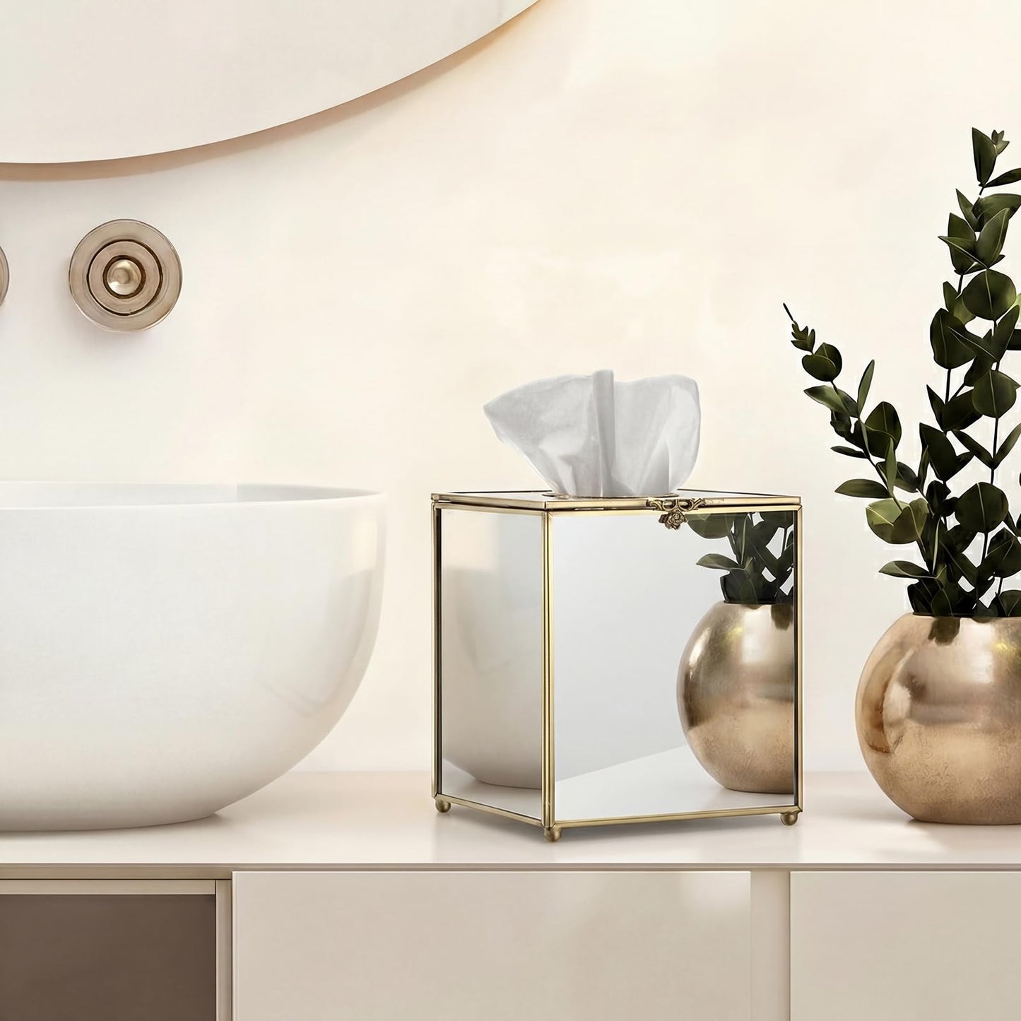 Sumnacon Square Glass Tissue Box Cover with Lid, Mirrored Cube Tissue Box Holder for Bathroom Home Office, Gorgeous Gold Facial Tissue Dispenser for Dresser Vanity Countertop Night Stand