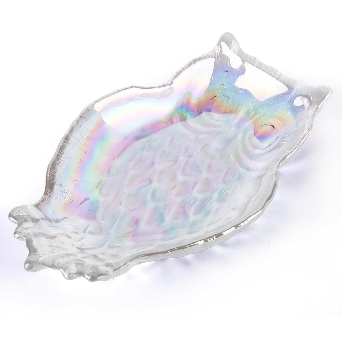 SHOWLOUE Crystal Glass Serving Plates, 8 x 6 Inches Owl Serving Plates Clear Glass Plate for Pasta, Salad, Dessert Taco, Sushi, Home Wedding Décor, Iridescence, Small