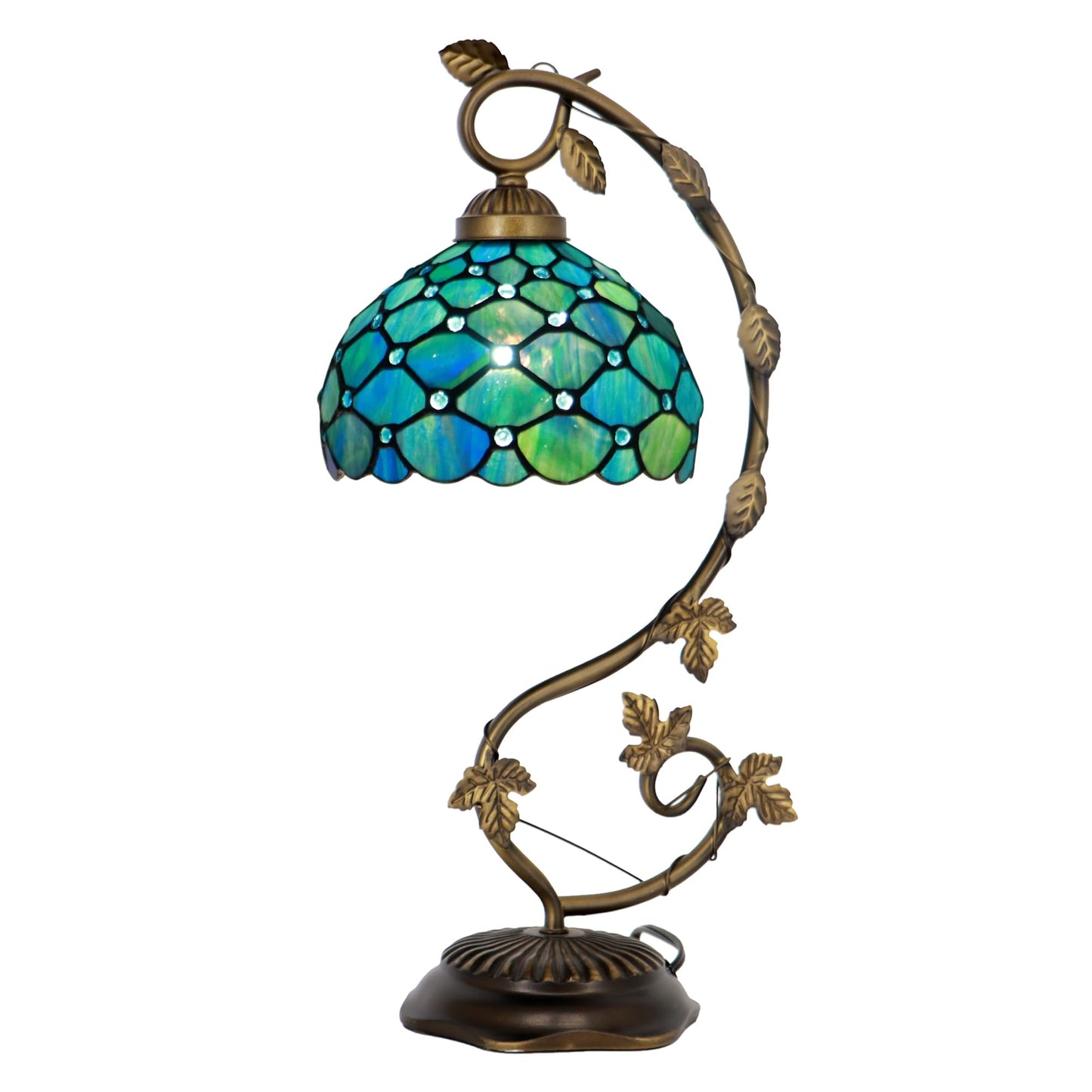 LXHCYOU Tiffany Table Lamp, Stained Glass Desk Light, 8X10X21 Inches, Metal Leaf Base (Sea Blue Pearl Style)