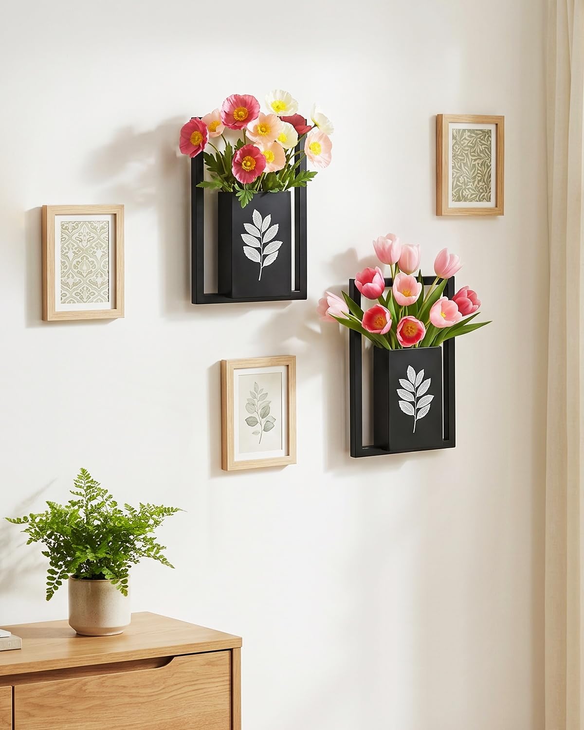 Hoolicute Wall Planter Vase Set of 2 - Black Metal Hanging Planter for Indoor Plants & Flowers, Frame Wall Mounted Planter for Art Home Wall Decor for Living Room, Bedroom, Bathroom, Entryway, Hallway