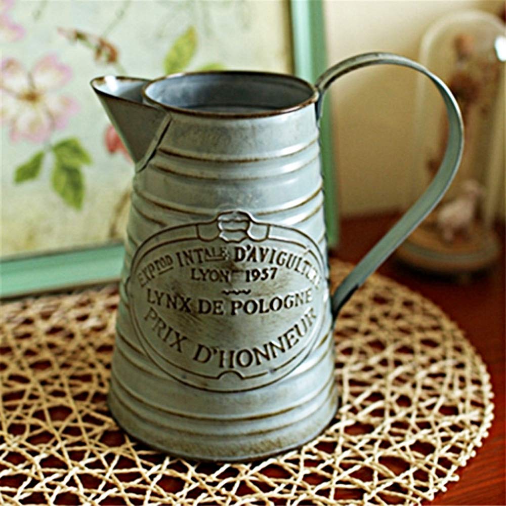 YHOMBES Shabby Chic Large Metal Jug Flower Pitcher Vase Primitive Jug Vase for Home Decoration