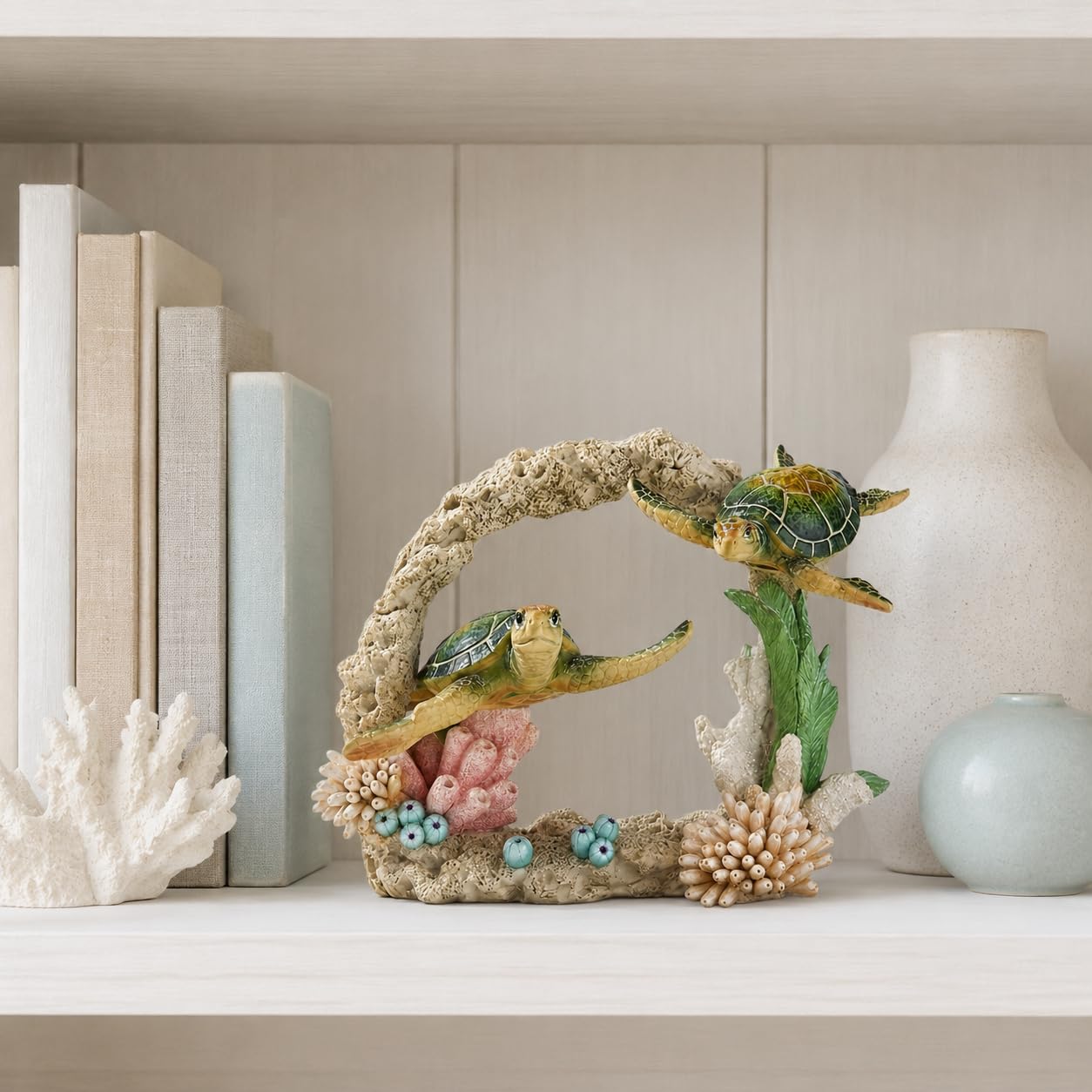 Comfy Hour 9" Sea Turtle Figurine on Coral Reef, Decorative Coastal Sculpture for Home Office Desktop, Artisan Crafted Marine Animal Statue, Ocean Voyage Collection, 1 Unit