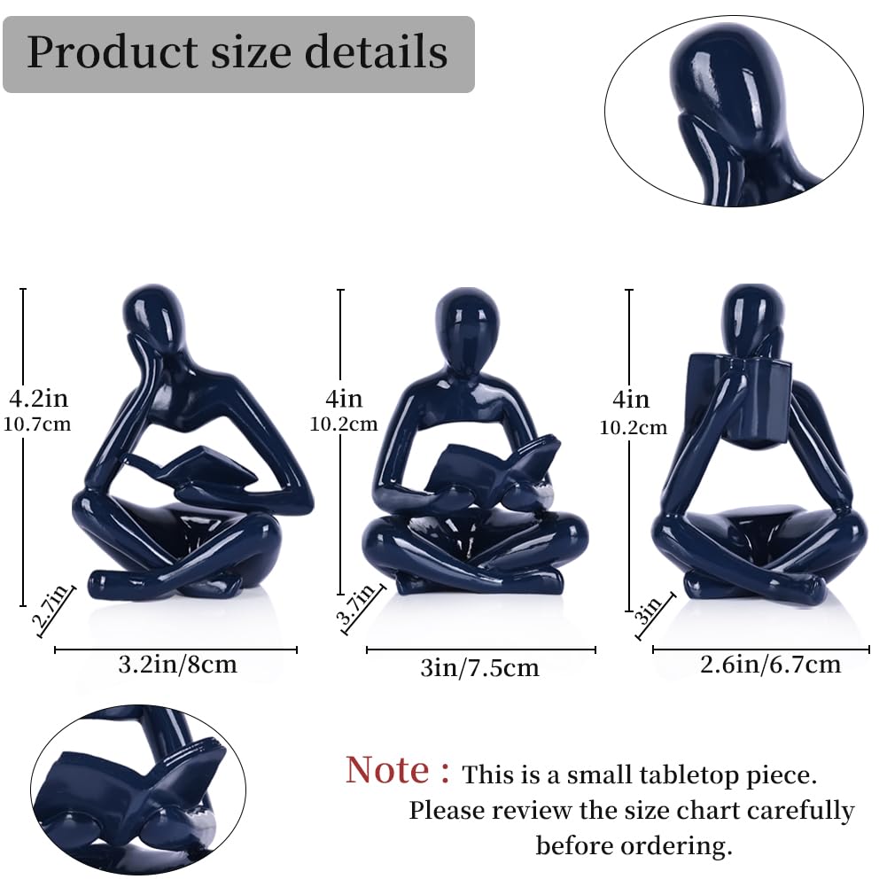 Navy Blue Thinker Statue Set of 3, Glossy Resin Reading Statue Figurines for Coffee Table, Abstract Sculptures Home Decor for Shelf, Desk, TV Console, Modern Blue Room Accents for Living Room Office