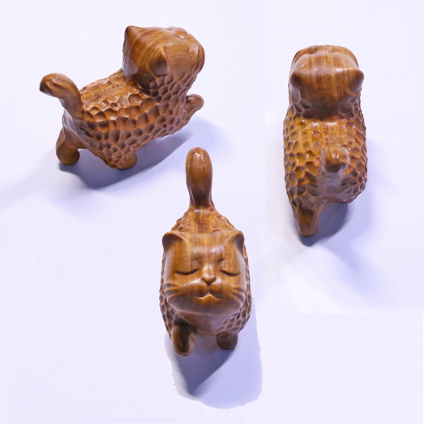 JouiiSiYa Hand Carved Green Sandalwood Cat Figurine - Proud Standing Pose Wooden Figurine, Cute Cat Desk Decor with Gift Box, 6.2x5x3cm