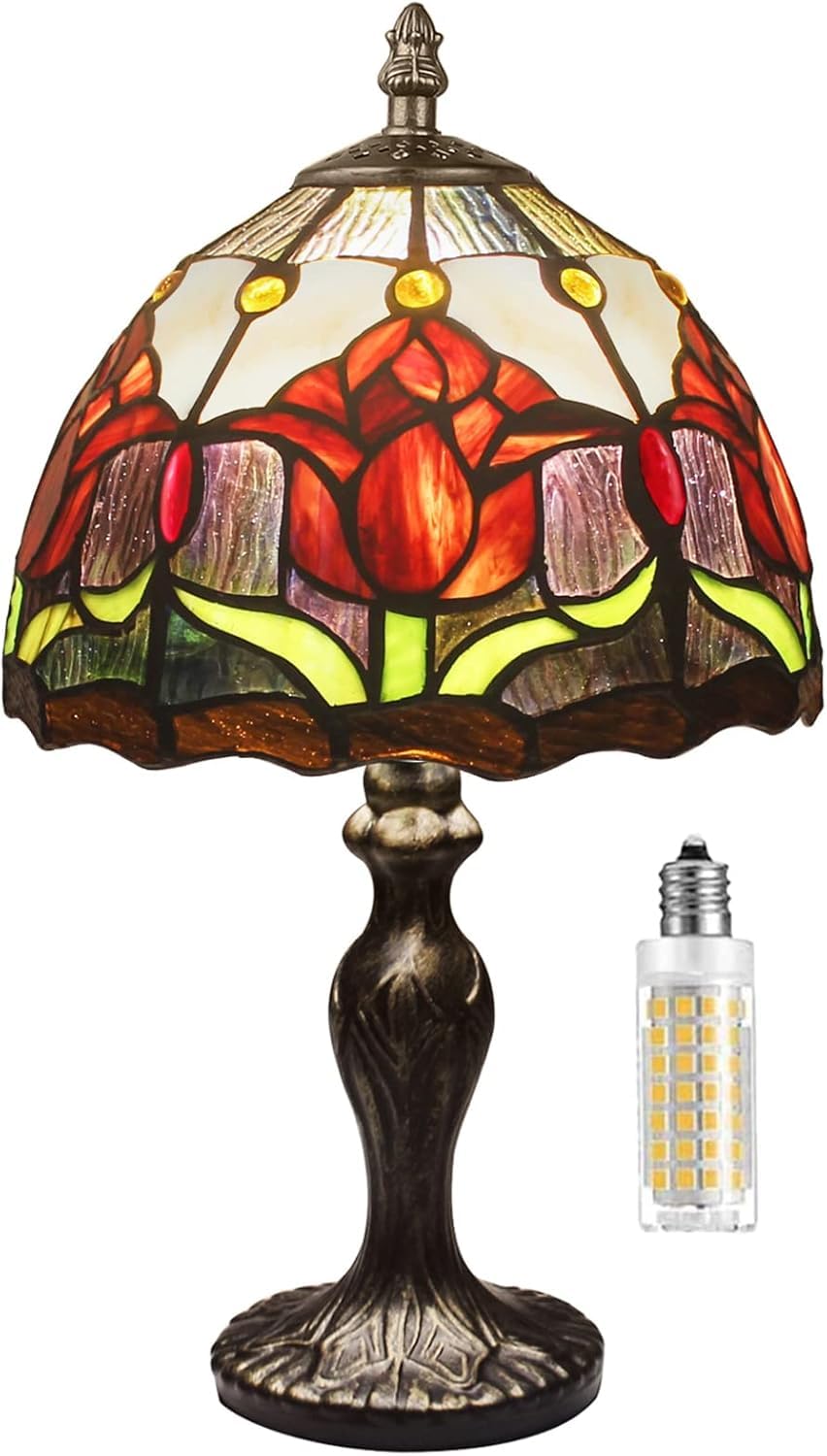 MIAOKE Stained Glass Table Lamp,Stained Glass Crystal Bead Style Table Light, Handmade Desk Bedside Night Light, Antique Art Craft Gifts Lover Living Room Bedroom Bookcase (Red Tulips)