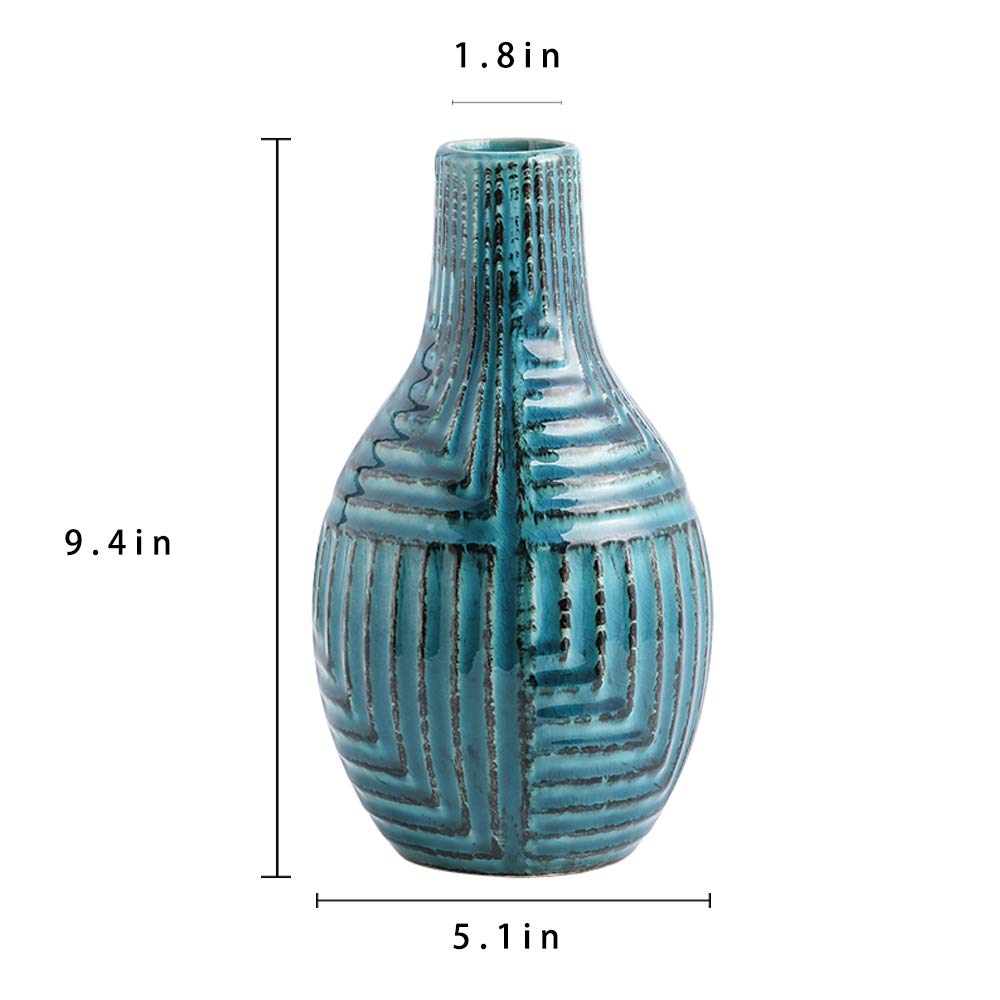 hjn Teal Hand-Glazed Ceramic Vase - 9.4" H Modern Decorative Centerpiece Vase for Fresh/Dried Flowers, Home Decor for Living Room Bookshelf Mantel | Wedding Housewarming Gift