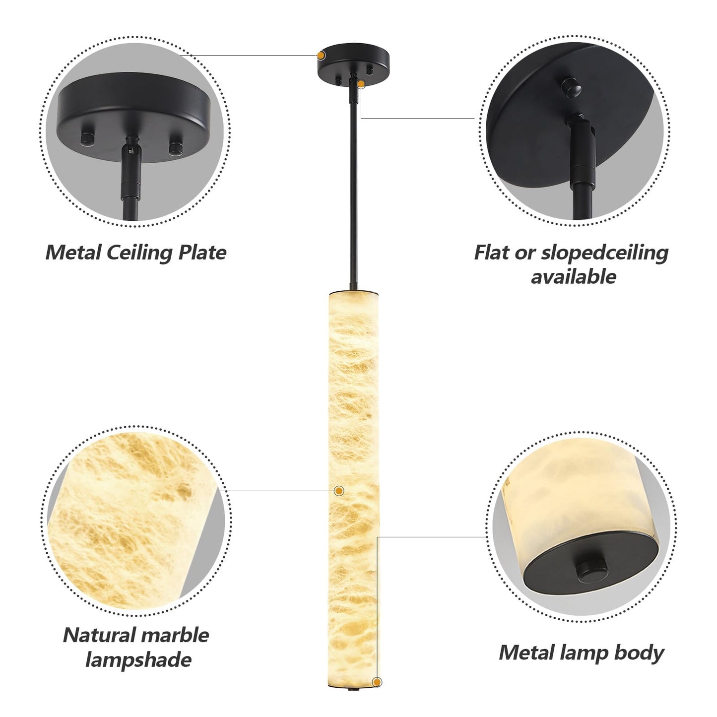 LMQNINE Natural Alabaster Pendant Lights White Marble 24" Long Tube Adjustable Boom Chandelier Modern 3000K Black Ceiling Light for Kitchen Island Bedroom Dining Room Living Room Hallway(M-2Pack)