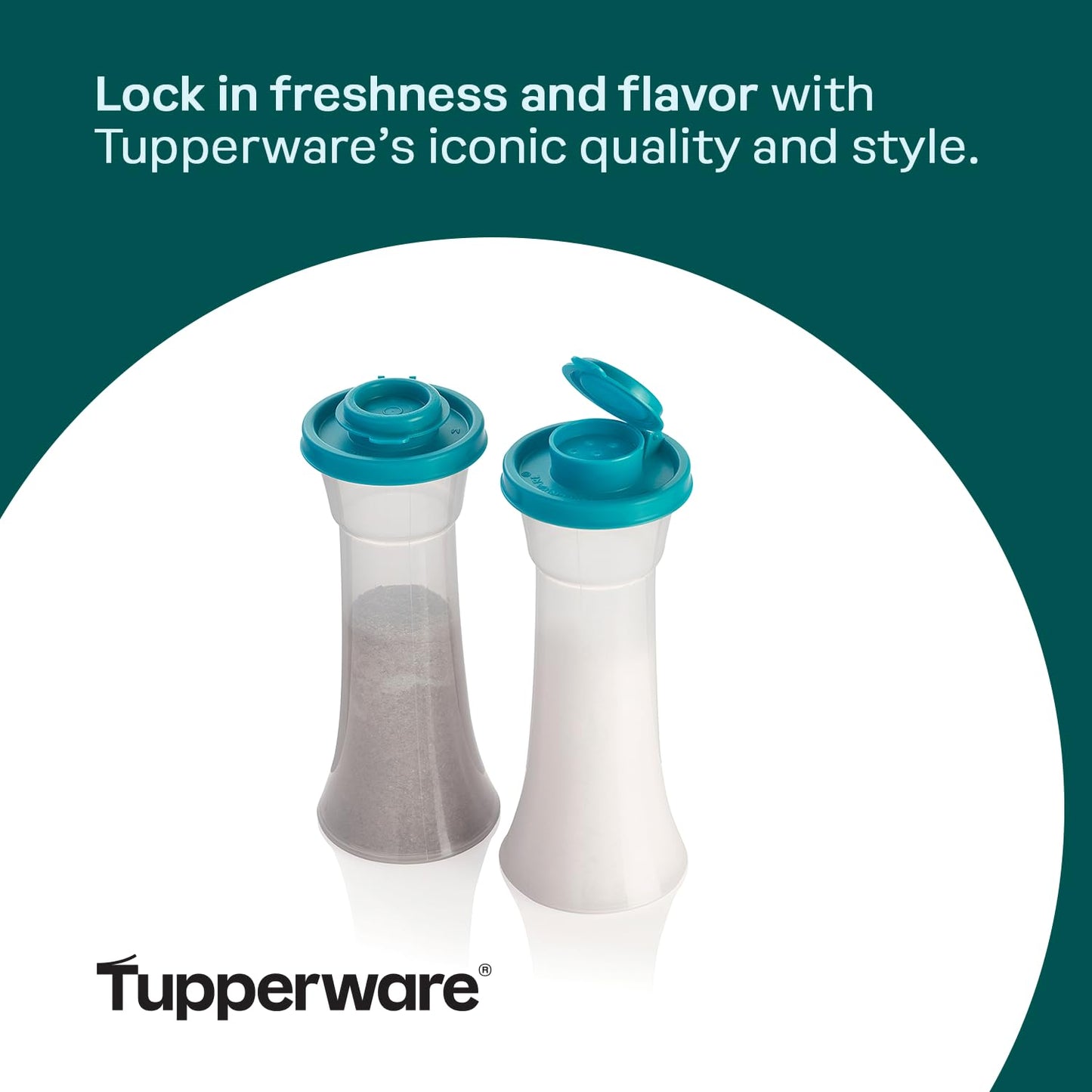 Tupperware Hourglass Salt and Pepper 2-Shaker Set in Teal, Liquid Tight Lids, BPA-Free, Dishwasher Safe