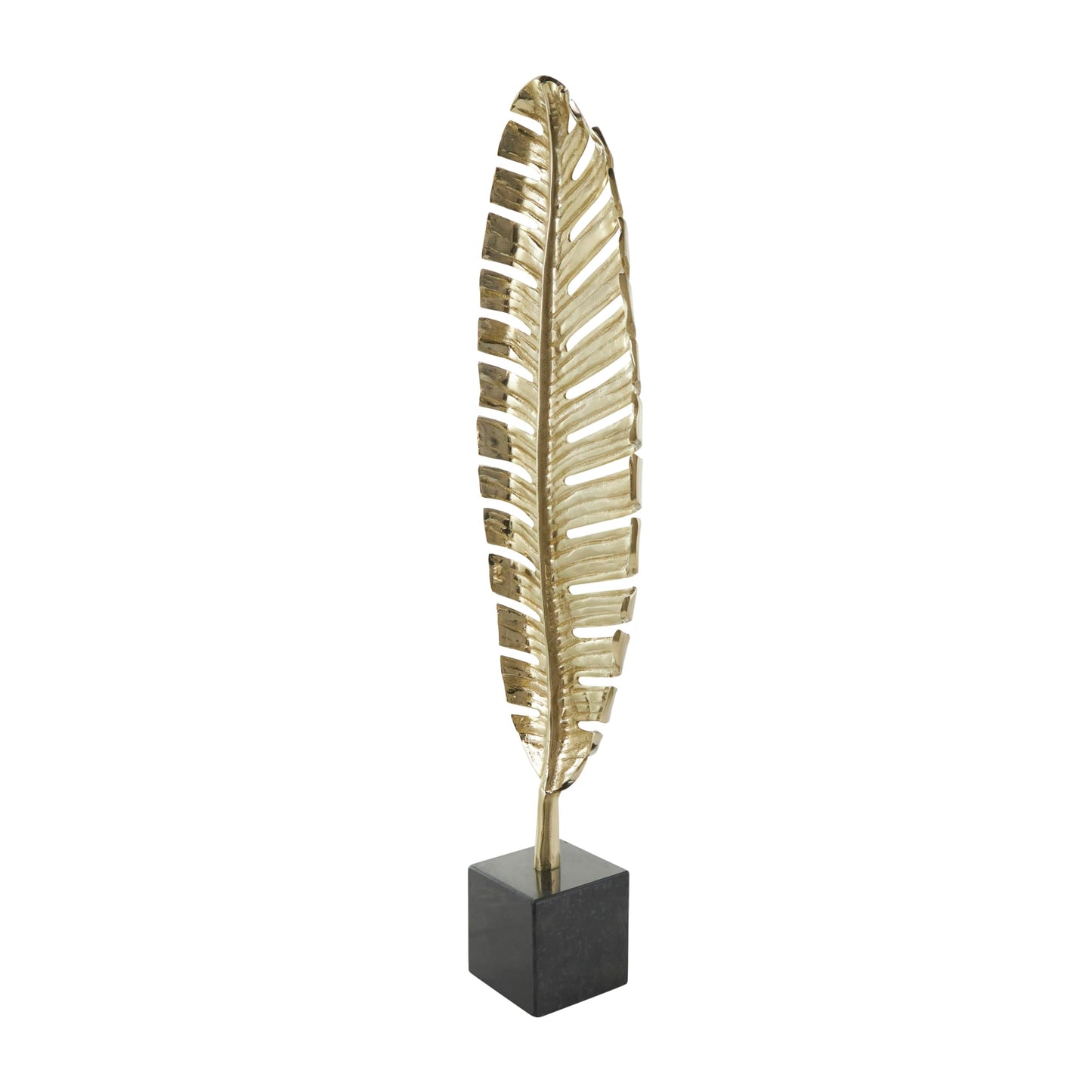 CosmoLiving by Cosmopolitan Aluminum Metal Leaf Decorative Sculpture Standing Single Home Decor Statue with Black Marble Base, Accent Figurine 9" x 4" x 30", Gold