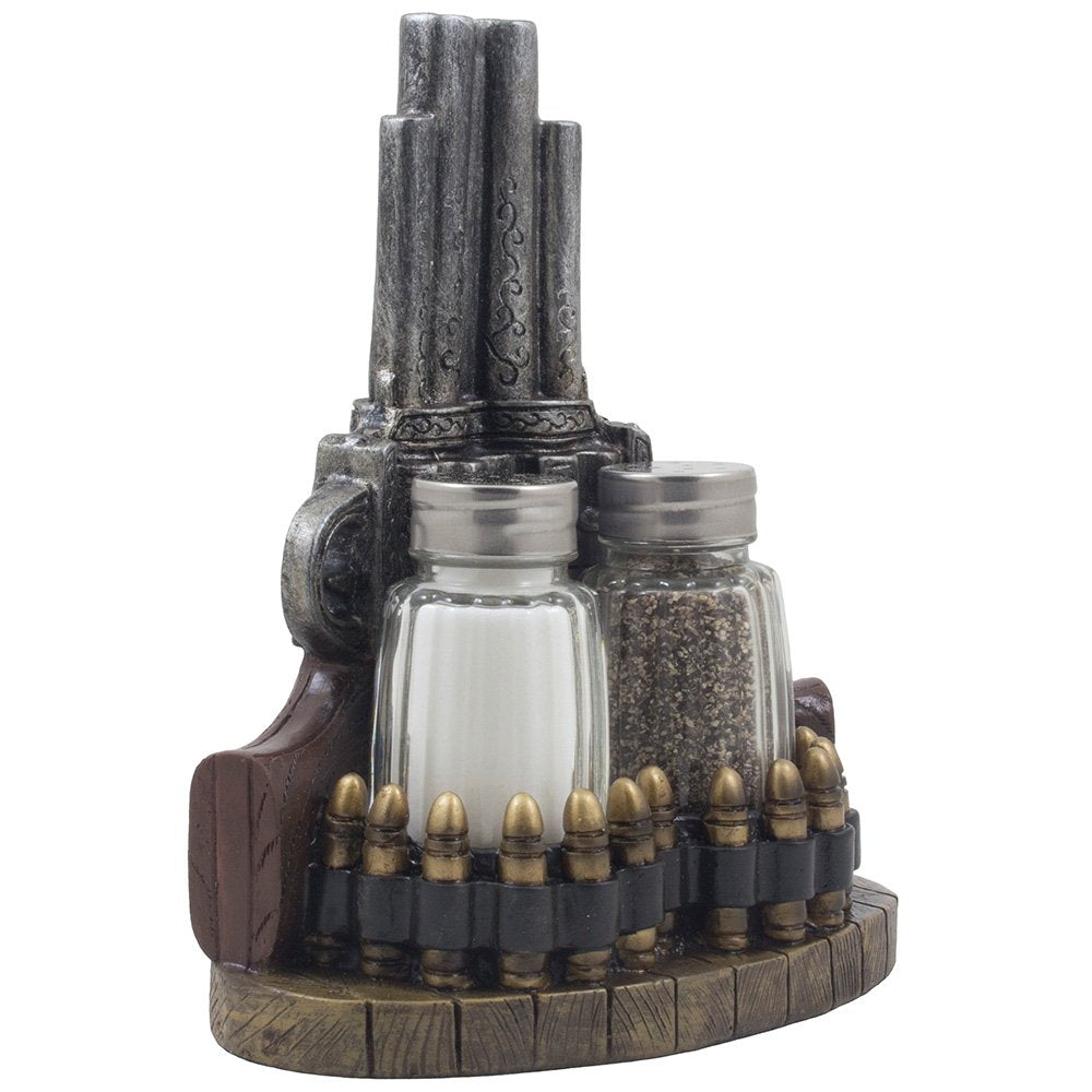 Classic Country Western Six-shooter Pistols with Bullets Salt and Pepper Shaker Set on Decorative Display Stand Figurine in Wild West Kitchen Decor Table Centerpieces As Rustic Gifts for Cowboys