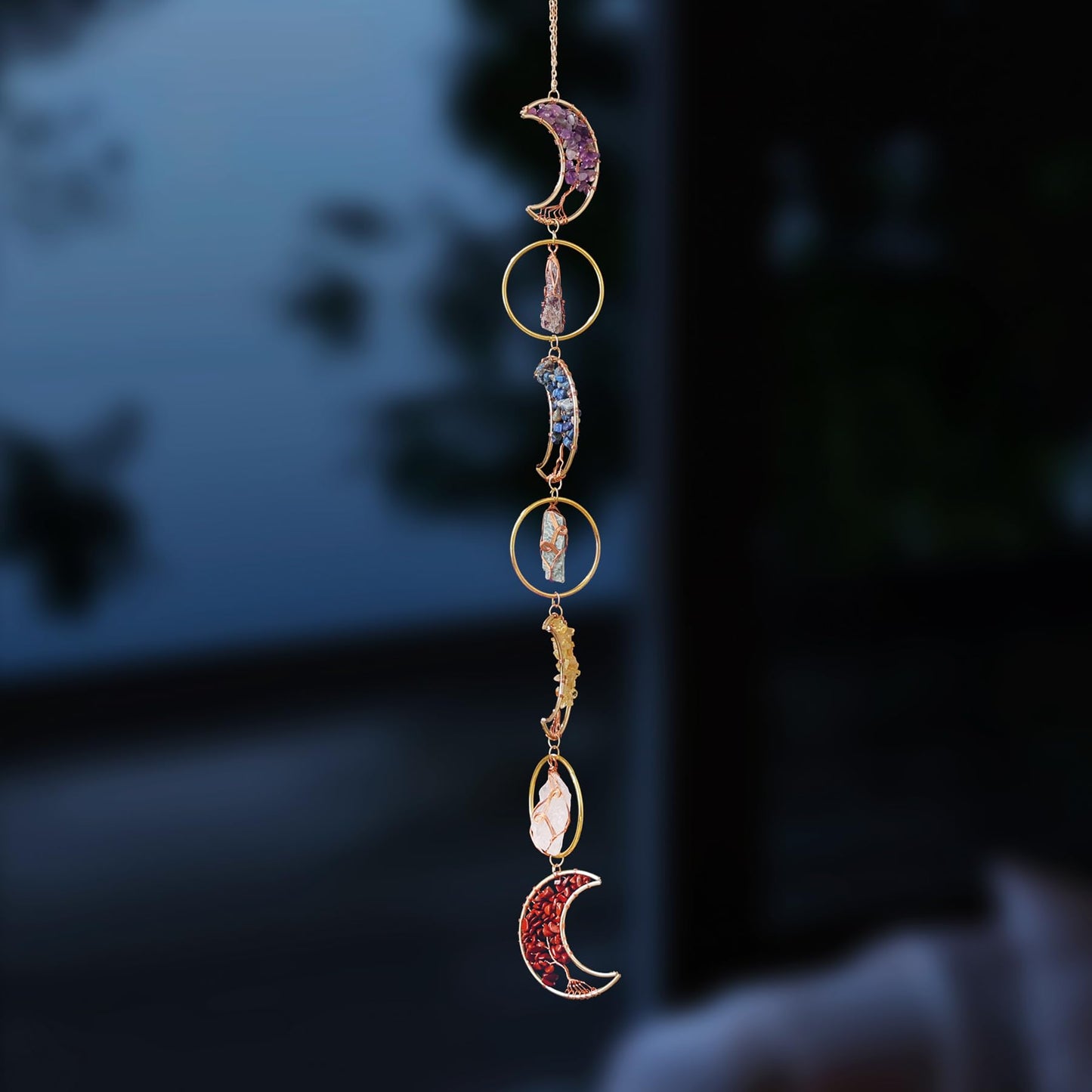 7 Chakra Crystal Dream Catcher, 7 Rings Moon Phase Wall Hanging, Handmade Natural Gemstone Tree of Life Window Decor Ornament, Boho Home Decor, Spiritual Gift for Women, Crystal Lovers