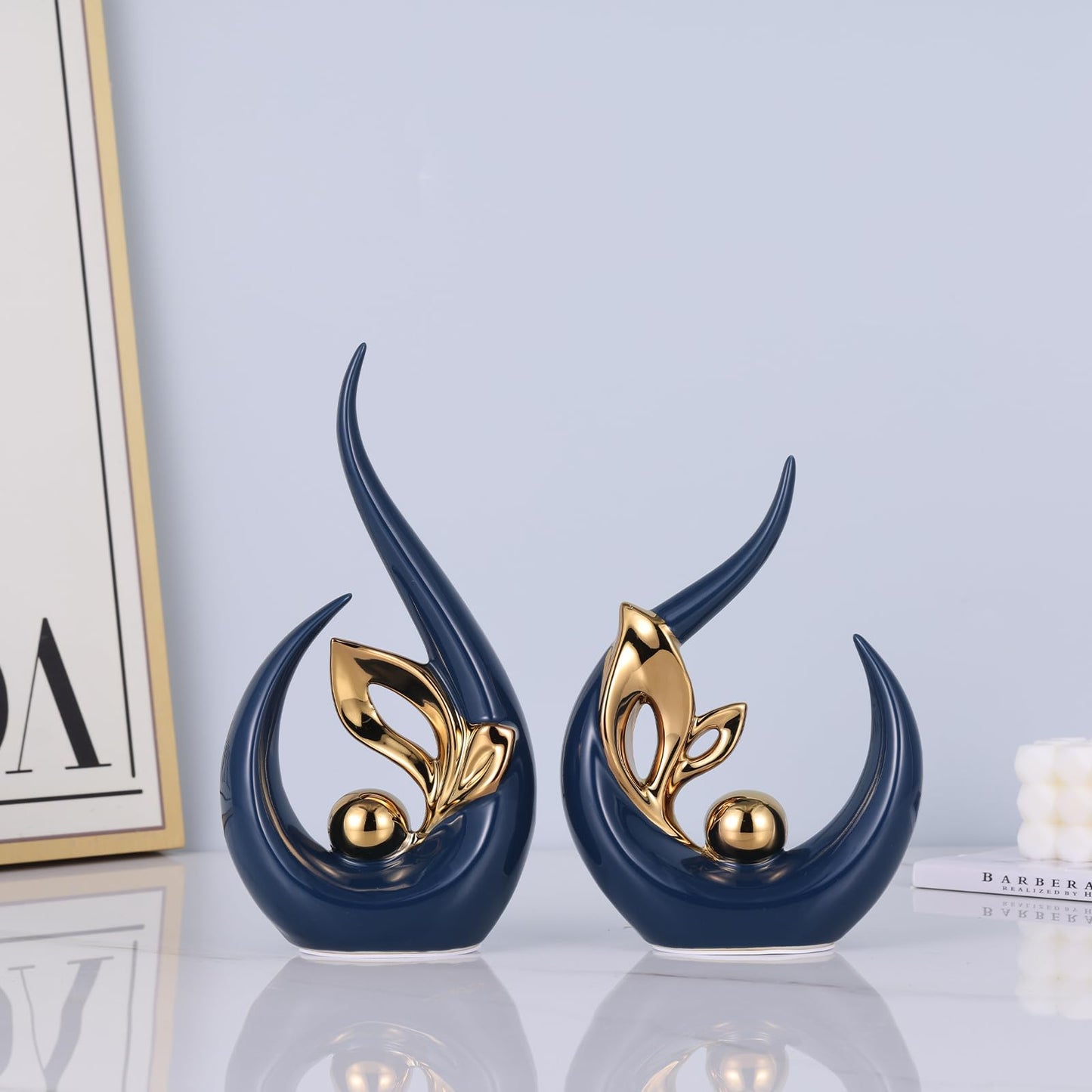9.4" H Blue Gold Abstract Sculptures Home Decor, Ceramic Art Statue Cool Stuff to Put on Shelves&tv Stand Decor, Gold Accent Entertainment Center, for Fireplace Coffee Table Dining Table Decorate