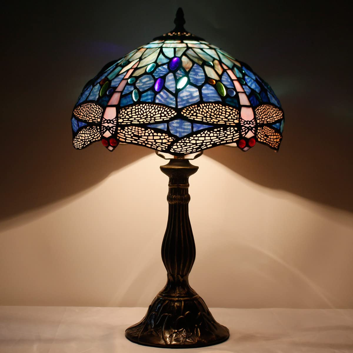 WERFACTORY Tiffany Table Lamp Blue Stained Glass Dragonfly Style Desk Light