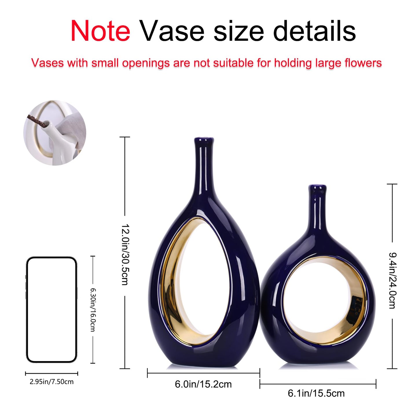 Blue and Gold Vase Ceramic Blue Vases Home Decor,Modern Minimalist Circle with Hole Decorative Vase, Hollow Ellipse Flower vases for Bookshelf, Fireplace Mantle, Centerpieces,Farmhouse,Rustic Décor