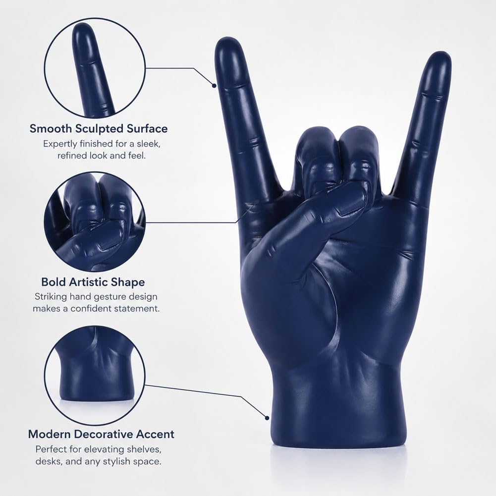 QIANLING 7.7" Blue Resin Rock On Hand Gesture Statue - Rock Culture Music Lovers' Decorative Tabletop Sculpture for Bookshelf, Desk & Mantel Decor in Home or Office, Modern Symbolic Figurine